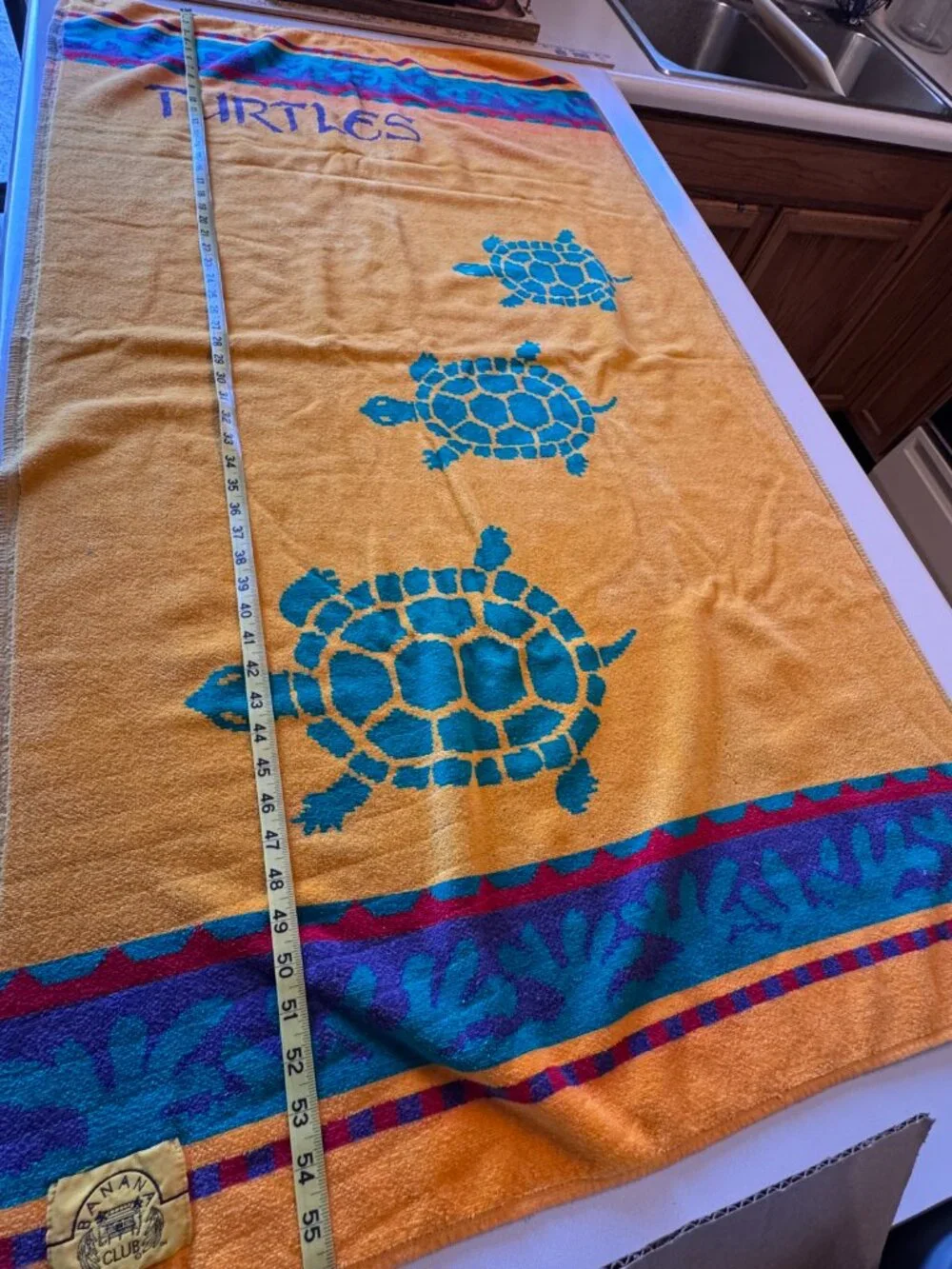 Vtg Banana Club Beach Towel Turtles Brazil Cotton 80s 90s Yellow Turquoise 31x56